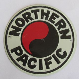 One Vintage Metal Post Cereal Northern Pacific Railroad Emblem Sign Badge $4.  99