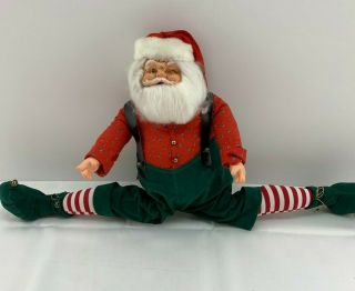 Vintage Posable Santa Claus Doll In Green Elf Suit 22in Bendable Christmas