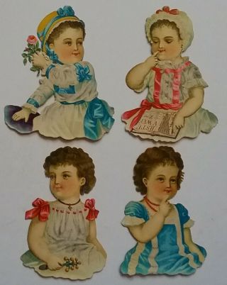 4 Antique Embos.  Diecut Chromo,  Cute Little Girls,  Victorian Scraps.  App 7.  5x6 Ms