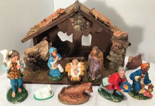 10 Piece Vintage Italian Nativity Set With Hand Crafted Manger