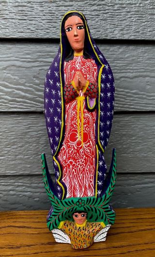 Carved Wooden Our Lady Of Guadalupe Virgin Signed Candido Perez Tilcajete Oaxaca