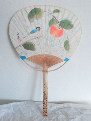 Japanese Vintage Fan Uchiwa Bamboo Handle : Design Bird And Persimmon