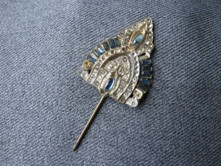 Vintage Art Deco Blue & Clear Rhinestones Filigree Silvered Metal Hat Pin Marked