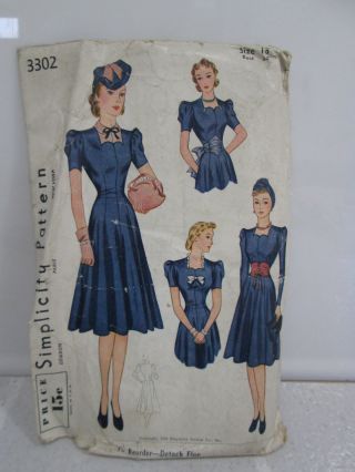 Vintage 1939 Simplicity Misses Dress & Access.  Sewing Pattern