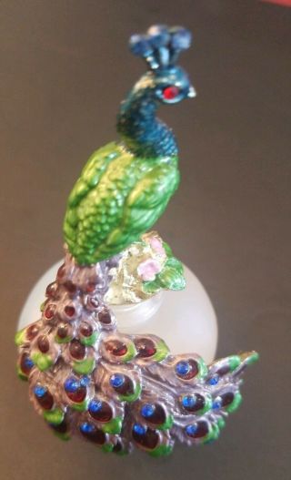 Stunning Vintage Frosted Glass Empty Perfume Bottle With Peacock & Rhinestones
