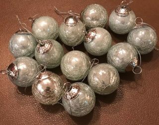 14 Round Crackle Glass Kugel Style Christmas Ornaments 2 “ Grey Green