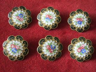 Set Of 6 French Hand Painted And Gilded Enamel Buttons.