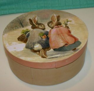 Vintage Round Hand Painted Wood Easter Bunny Rabbit Trinket Box Signed Wright