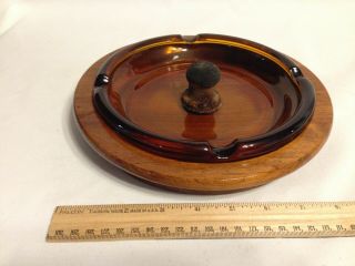 Vintage Large Amber Glass And Dark Wood Pipe Cigar Cigarette Ash Tray