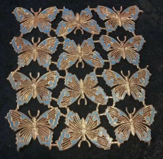 Antique Victorian Die - Cut Paper Scrap Sheet Blue And Gold Butterflies