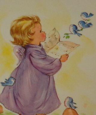 Vintage Birthday Card,  Adorable Angel With Song Bird Friends 6 1/4 "
