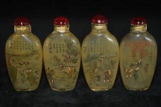 4pc Chinese Folk Inside Painted “guangxu Snuff” Glass Snuff Bott