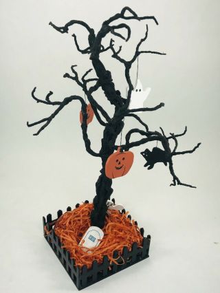 Spooky Black Wired Halloween Tree With Wood Ornaments In Graveyard Ghost Pumpkin