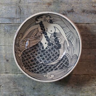 Lg Mermaid Clay Bowl Tzintzuntzan Purépecha Indian Mexican Folk Art By Morales