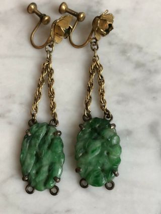 Antique Vintage Chinese Carved Jade Sterling Silver Long Dangle Earrings