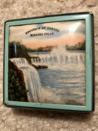 1950s Niagara Falls Souvenir Square Powder Compact With Mirror And Powder Puff