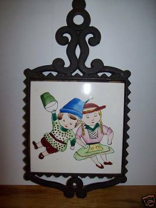 Vintage Cast Iron Ceramic Tile Made Japan Trivet Milkmaid Boy Bucket Jack & Jill
