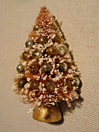 Vintage Flocked Bottle Brush Tree Christmas Lapel Pin Gold With Beads 2