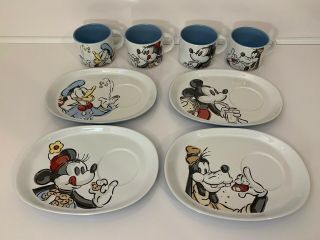 Disney China Ceramic - Set Of (4) Plates & (4) Cups - Mickey Minnie Goofy Donald