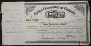 1873 Central Transportation Company Philadelphia Pa Railroad Stock Certificate
