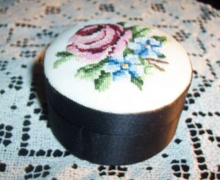 Vtg Petit - Point Needlepoint Rose,  Pansy Embroidery Pill Box Ring Trinket Pretty