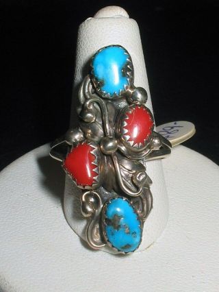 Vintage Navajo Coral Turquoise Signed " Sterling A " Leaf Ring Annie Chapo Sz 9