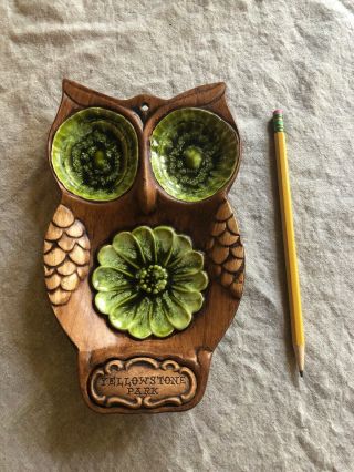 Vintage Treasure Craft Yellowstone Park Owl Green Ashtray U.  S.  A.  Trinket Dish
