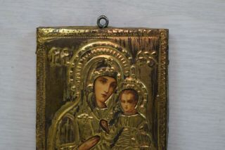 Antique Collectible Small Traveling Icon Virgin Mary Holding Christ Gold Plated 2