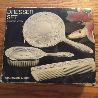 Wm.  Rogers & Son Silver Plated Dresser Set Mirror Brush And Comb Old Stock
