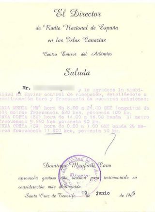 1965 Qsl: Radio Nacional De Espana,  Santa Cruz De Tenerife,  Canary Islands