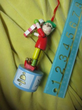 Vintage Wooden Christmas Tree Ornament Puppet Elf Push Up Button Mod Toy Moves
