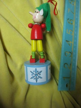 Vintage Wooden Christmas tree ornament puppet elf Push Up Button mod Toy moves 4