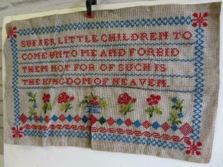 Vintage Old Sampler Embroidery Suffer Little Children