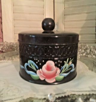 Vtg Toleware Floral Vanity Powder Box Tin Hand Painted Black Metal Mid Century
