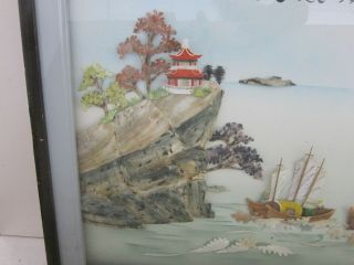 Chinese Vintage Shell Art Wall Sculpture Junk Boats & Pagoda Ocean Framed 23x35 2