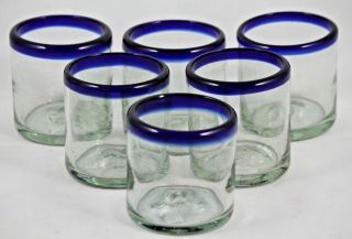 Mexican Juice Glasses Clear/cobalt Blue Rim Hand Blown Set Of 6 Kitchen/bar Ware