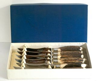 Vintage Brooks Brothers Sheffield Stag Handled Steak Knives Boxed Set Of Six