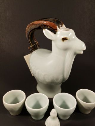 Vintage Celadon Ceramics Chinese Tea Set Goat shaped teapot with 4 Cups 8