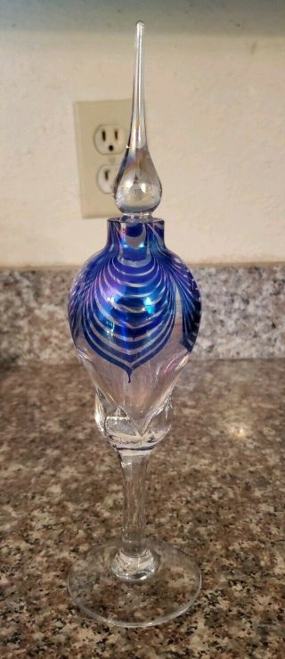 Tall Art Deco Iridescent Blue Stripe Glass Perfume Bottle With Stopper 9.  5 "