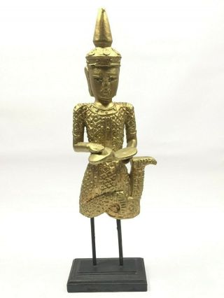 Vintage Thai Buddha Hand Carved Wood Statue,  Gold Asian Figurine,  16 "