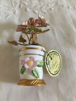 Vtg Mini Thimble Pink Wire Flower Bone China Flower Of Month Oct Cosmos