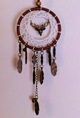 Cherokee Handmade 12 " Deer Dream Catcher,  Solid Brass Deer,  Beads & Feathers