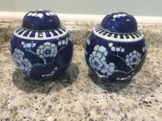 Matching Pair Vintage Ceramic Ginger Jar Blue White Floral