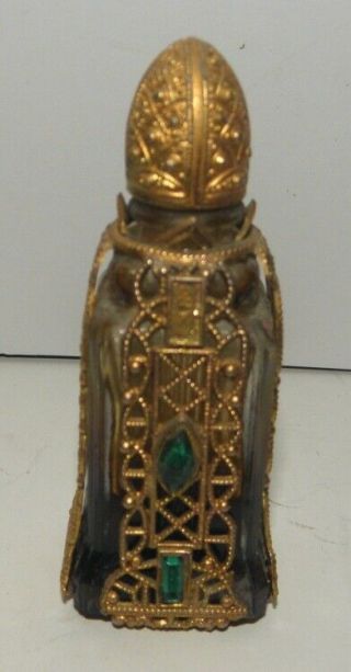 Vintage Small Glass Perfume Bottle With Gold Metal Filigree Covering Patent Pend
