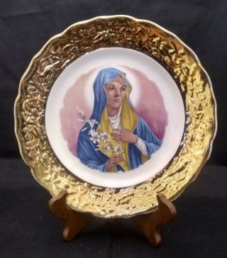 Virgin Mary Decorative Plate With Gold Trim Very Euc