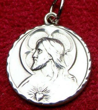 Antique Enameled Sterling Sacred Heart Of Jesus O.  L.  Of Carmel Scapular Medal