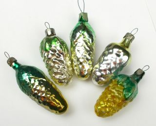 5 Vintage Silver Glass Russian Xmas Christmas Tree Ornament Decoration Pinecones