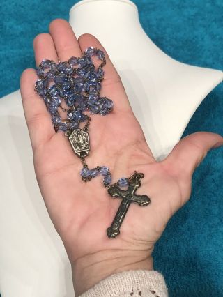 Vintage Blue Crystal Rosary Beads Vile Of Lourdes Water Made In Italy Catholic