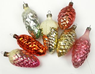 7 Vintage Silver Glass Russian Xmas Christmas Tree Ornament Decoration Pinecones