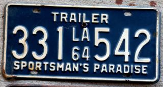 1964 White On Blue Louisiana Trailer License Plate